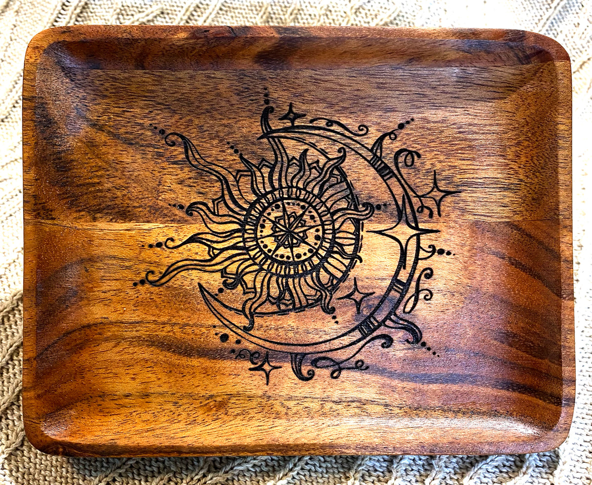 Vintage Sun & Moon Engraved Acacia Wood Tray – Backwoods Laser LLC