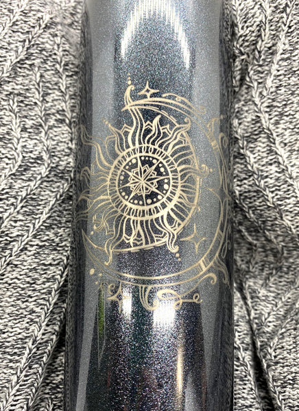 Skinny Steel Thermal Tumbler with Laser Engraved Vintage Sun and Moon