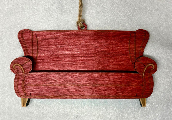 Red couch pet ornament for three removable pet inserts